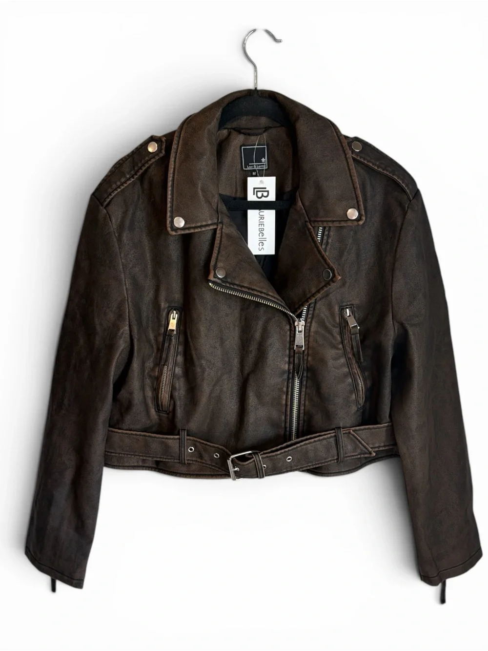 Lily & Lottie Akira Moto Jacket Size Medium Brown Asymmetrical Zip Front NEW - Picture 3 of 13